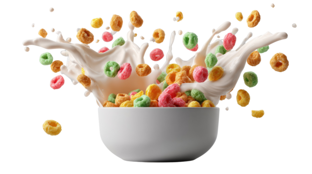Breakfast Cereal Splash: A burst of vibrant cereal shapes erupts from a bowl of milk, creating a dynamic scene of morning delight and freshness. 