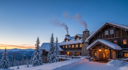 Twilight Scenery of a Snow Covered Wooden Lodge at Dusk with Smoke Ascending from Chimneys