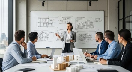 Businesswoman architect presenting new house designs to a diverse team in a modern office meeting. Colleagues brainstorming a real estate project. Corporate collaboration concept.