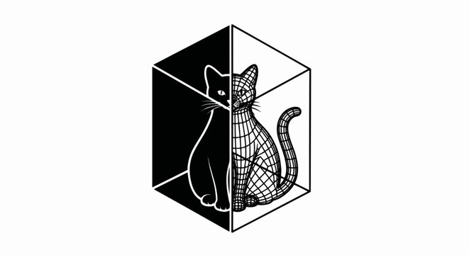 Conceptual vector illustration of Schr&ouml;dinger's cat. Duality concept with silhouette and 3d wireframe styles. Minimalist black and white graphic icon