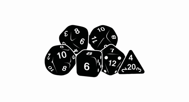 Set of polyhedral dice for role-playing games. Black and white silhouette vector illustration. Minimalist RPG gaming icon