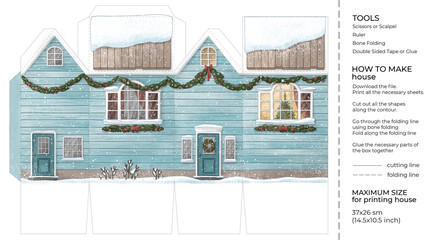 Kids craft winter paper house. Cut and glue cartoon 3D toy house. Building paper craft model. Printable template