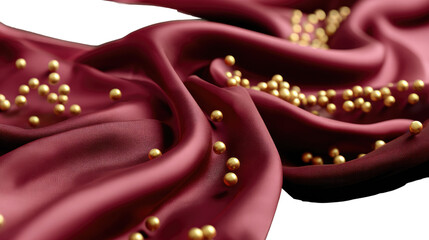 Velvet Crimson Swirls: Luxurious maroon velvet fabric elegantly swirls and drapes, adorned with golden spheres, creating a visual symphony of texture and light, evoking sophistication and opulence.