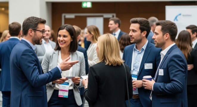 Business networking at a conference. Corporate professionals in a meeting. Group of people discussing and collaborating. Concept of teamwork, partnership and communication success.