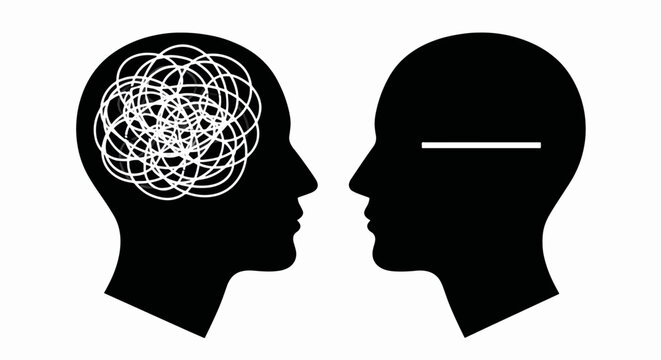 Chaos versus clarity concept illustration. Two head silhouettes representing a confused mind and a clear mind. Vector graphic for psychology and mental health