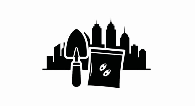 Urban gardening concept icon. City skyline with a trowel and seed packet. Minimalist flat design vector illustration - Powered by Adobe
