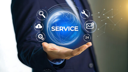 Closeup of a hand holding a digital sphere displaying the word service