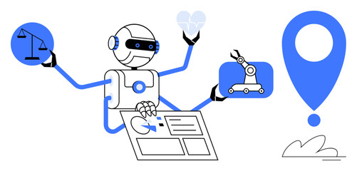 Robot with multiple arms holding justice scale, heart, robotic arm, and interface while pointing to location, symbolizing automation, law, innovation, health, positioning multitasking and a simple