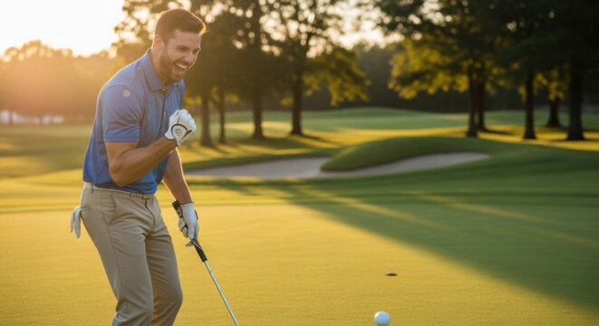 Joyful male golfer celebrates a successful putt on a beautiful golf course at sunset. Happy man with fist pump expression of victory, winning and achievement in sport competition.