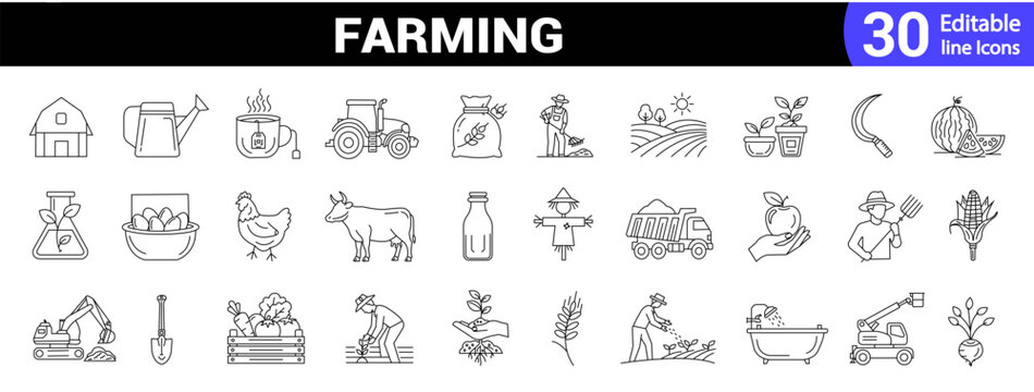 Farming line icon set. Editable line Agriculture, planting, gardening, farmers, vegetables, tractor collection. Vector illustration.