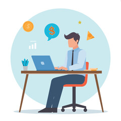 Young businessman working on laptop at desk with chat bubble and geometric shapes isolated on white background