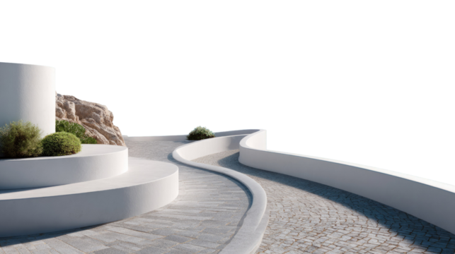 Elegant Pathway to Serenity: A winding, architectural pathway, gracefully curves its way through a serene outdoor space, leading the eye toward an unknown destination. 