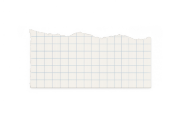 Torn graph paper rectangle with ripped edges, blank grid texture, transparent background for design element