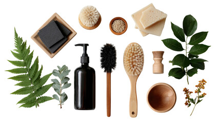 Eco-Friendly Spa Essentials: A curated collection of spa essentials, including natural brushes, soaps, and lush greenery, artfully arranged to inspire a serene self-care ritual. 