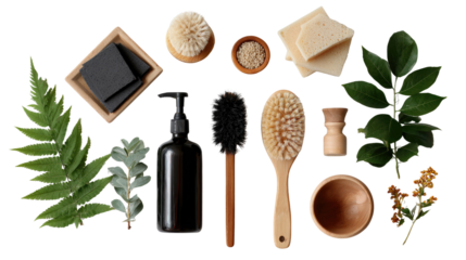 Eco-Friendly Spa Essentials: A curated collection of spa essentials, including natural brushes, soaps, and lush greenery, artfully arranged to inspire a serene self-care ritual. 