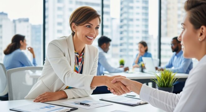 Professional businesswomen shaking hands during a successful meeting in a modern office environment with diverse coworkers collaborating and working on laptops