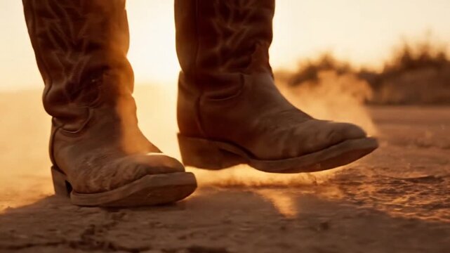 Cowboy boots walking through dusty terrain at sunset, capturing a sense of adventure and freedom