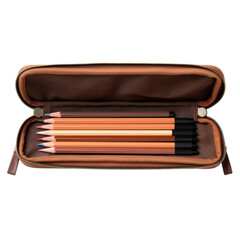 Open brown leather pencil case filled with colored drawing pencils transparent background, png