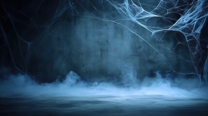 Haunted Room with Cobwebs and Mysterious Blue Fog