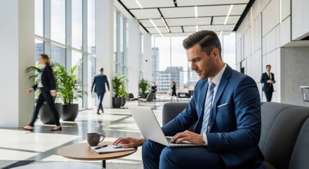 Professional businessman working on laptop in modern bright office lounge space with large windows and cityscape view, corporate environment, business concept