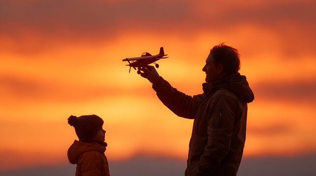 Father and son enjoying a fun moment playing with a toy airplane during sunset, silhouetted against a warm orange sky.