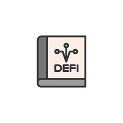 Fototapeta premium Flat illustration of “DeFi” logo with blockchain nodes, representing decentralized finance brand identity, crypto services, and blockchain connectivity.