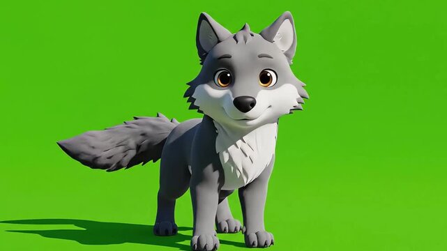 Cute Cartoon Wolf Poses on Green Screen Background for Animation.