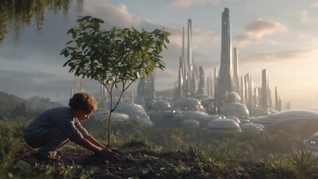 Hope for the Future: A child plants a sapling in a harmonious blend of nature and a futuristic city, symbolizing growth, environmentalism, and a sustainable future. 