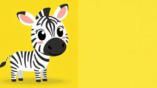 Cute Cartoon Zebra Character on Yellow Background with Copy Space.