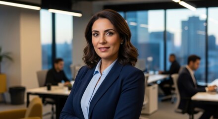 Fototapeta premium Confident professional businesswoman in navy suit smiling in modern office workspace with city skyline background, teamwork and corporate environment concept