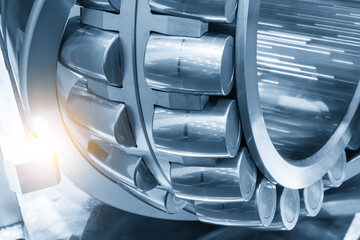 Close up scene the conical cylindrical bearing in the light blue scene with light effect.