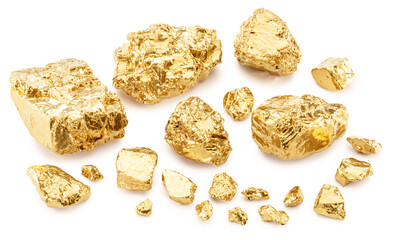 Gold nuggets on white background, clipping paths. Imitation of gold nuggets.