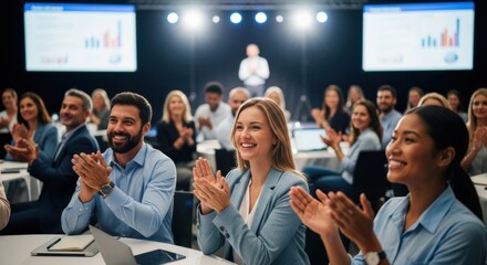 Diverse group of business professionals applauding during corporate seminar or conference, teamwork, networking, and success in modern office environment with digital presentation