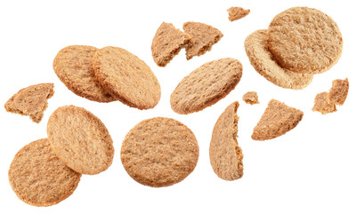 Oatсakes or oat biscuits and cookie pieces isolated on white background. File contains clipping paths.