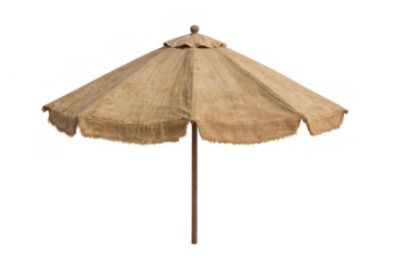 Beige beach umbrella protecting from sun, offering shade for summer vacation relaxation, tropical holiday element, transparent background