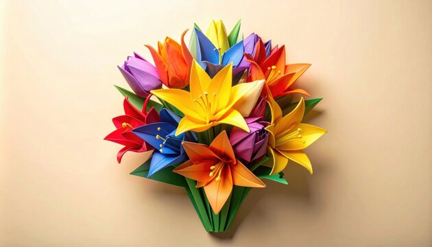 Vibrant bouquet of colorful origami flowers, celebrating joy and creativity with artistic paper crafting, perfect for cheerful decor and celebrations.