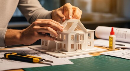 Expert hands assembling detailed architectural house model with blueprint drawings, crafting miniature modern residential design using precision tools and glue
