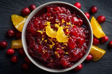 Cranberry Orange Relish in white bowl with glossy cranberries, vibrant orange slices. Concept of festive tart cranberry sauce blended with fresh orange zest, inviting aesthetic.
