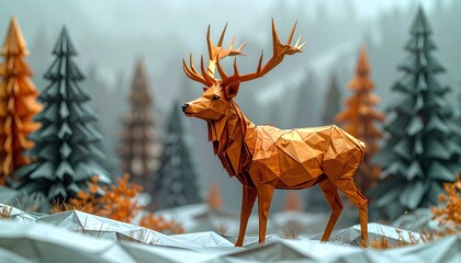 Stunning golden origami deer stands majestically amidst a serene winter forest landscape with misty backdrop