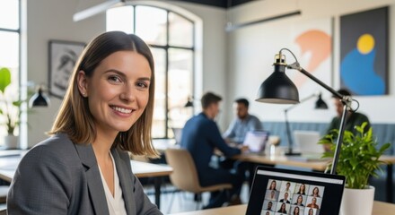 Professional businesswoman smiling confidently in modern office during video conference call with colleagues, remote team meeting, coworking space collaboration concept