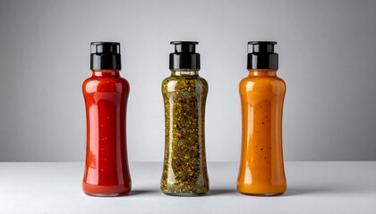 Three condiment bottles on a studio background identical