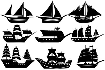 set of Ship and Boat Silhouette Bundle Isolated on White Background