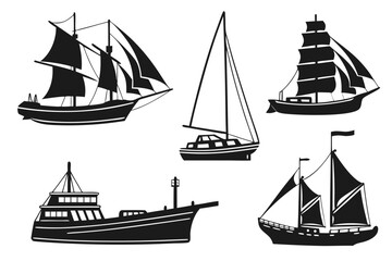 Ship and Boat Silhouette Bundle Isolated on White Background