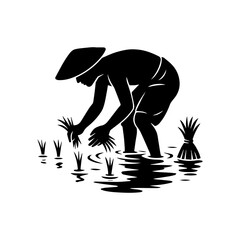 Farmer Planting Rice Silhouette. Rural Farming Vector Design