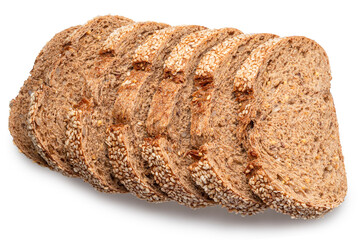 Slices of rye bread with sesame seeds isolated white background. File contains clipping paths.