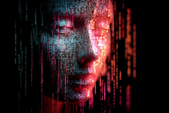 Robô humanoide feito de códigos binários, simbolizando inteligência artificial.