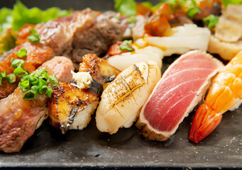 Different types of sushi on a plate