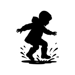 Happy Child Silhouette Rain Play Vector Illustration in Black and White.