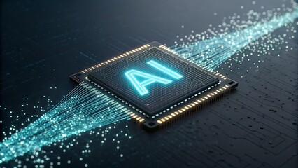 Artificial intelligence chip with glowing ai text and data streams, representing advanced technology and innovation.