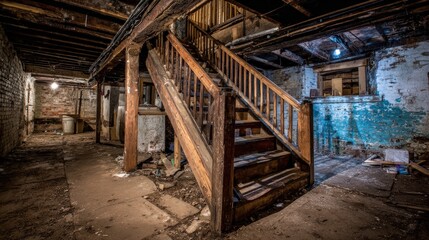 Obraz premium A dimly lit, weathered basement features a wooden staircase with exposed brick walls and scattered debris, creating a sense of neglect and history.